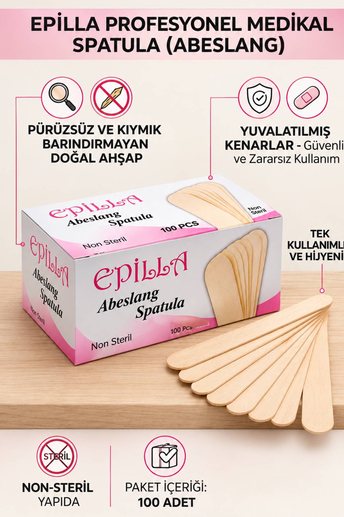 Epilla Ağda Çubuğu Tahta Dil Basacağı 100Lü 6 Paket 600 Adet Abeslang Ağda Çubuğu
