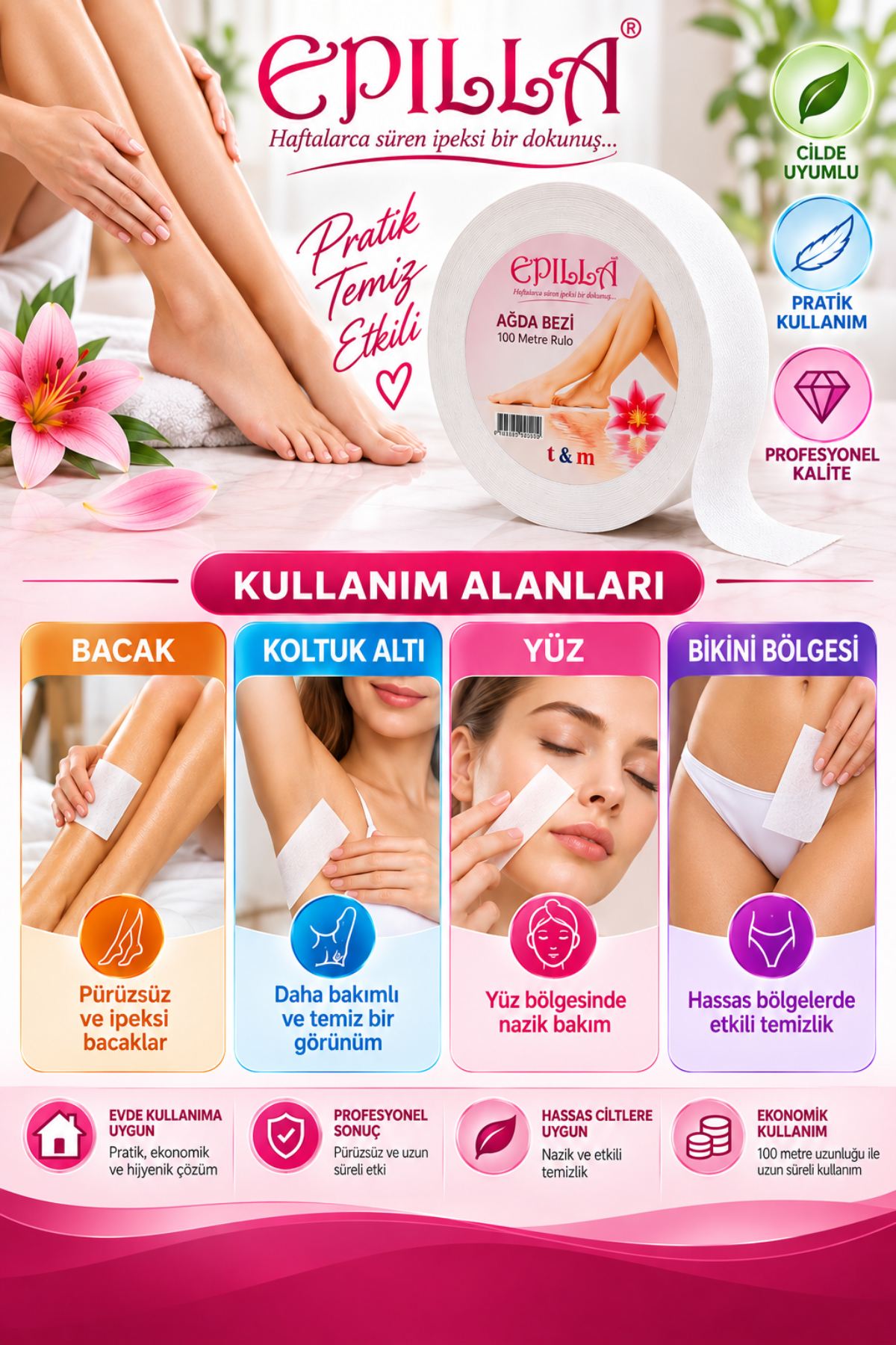 Epilla Profesyonel Rulo Sir Ağda Bezi 100 Metre – Kopmaz Yırtılmaz Epilasyon ve Ağda Temizleme Bezi