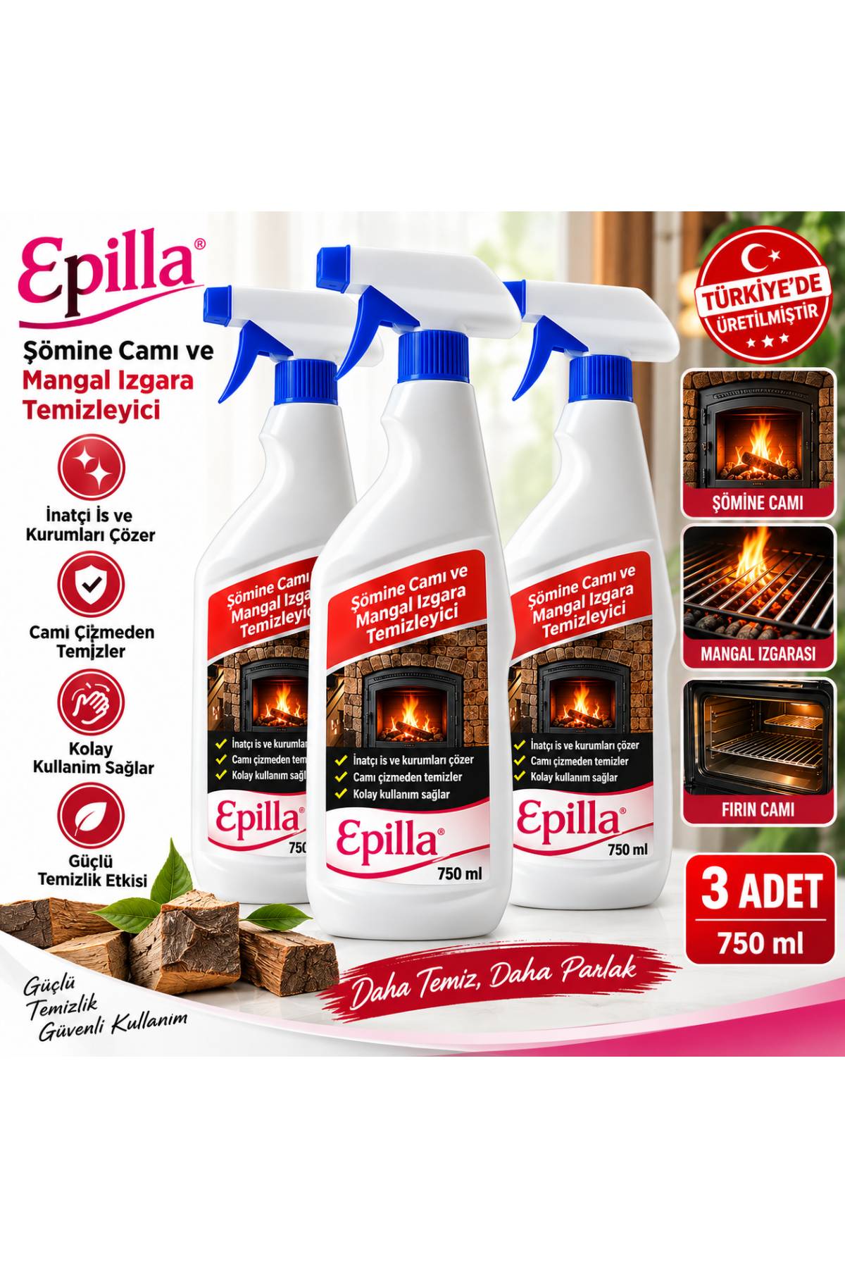 Epilla Şömine Camı ve Mangal Izgara Temizleyici 750 ml 3 Adet